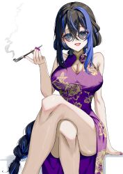 Rule 34 | 1girl, absurdres, ash kabon, bare shoulders, black hair, blue eyes, blue hair, breasts, china dress, chinese clothes, cleavage, crossed legs, dress, hand up, highres, holding, holding smoking pipe, large breasts, multicolored hair, open mouth, original, purple nails, sitting, smoke trail, smoking pipe, solo, streaked hair, sunglasses