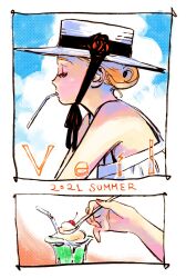 Rule 34 | 1girl, blonde hair, closed eyes, cloud, commentary request, drinking straw, emma (veil), hair bun, hat, highres, holding, holding spoon, kotteri, lone nape hair, orange nails, profile, sky, solo, spoon, upper body, veil (manga)