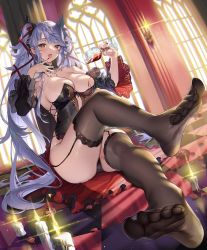 Rule 34 | artist request, black dress, black panties, breasts, brown eyes, candle, checkered floor, cup, dress, drinking glass, evertale, feet, garter straps, hands up, holding, holding cup, indoors, light purple hair, long hair, looking at viewer, medium breasts, no shoes, official art, on floor, open mouth, panties, pantyshot, petals, pouring, pouring onto self, reina (evertale), sage joh, sitting, strapless, strapless dress, thighhighs, twintails, underwear, very long hair, wine glass