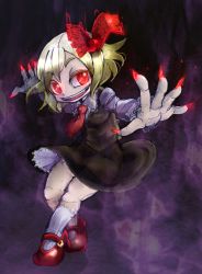 Rule 34 | 1girl, ascot, blonde hair, bow, fang, glowing, glowing eyes, hair bow, hair ribbon, mary janes, night, open mouth, outstretched arms, red eyes, ribbon, rumia, shoes, short hair, skirt, smile, solo, touhou, yt (wai-tei)