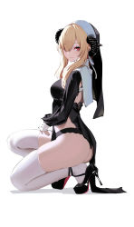 Rule 34 | 1girl, absurdres, ass, black dress, black footwear, black horns, black panties, blonde hair, breasts, commentary, curled horns, dress, hair over one eye, hair ribbon, heel up, high heels, highres, horns, long hair, long sleeves, looking at viewer, looking to the side, medium breasts, nun, on one knee, original, panties, photo-referenced, ribbon, shoe dangle, sidelocks, simple background, skindentation, sleeves past wrists, smile, solo, spider apple, squatting, strappy heels, thighhighs, thong, underwear, veil, white background, white thighhighs