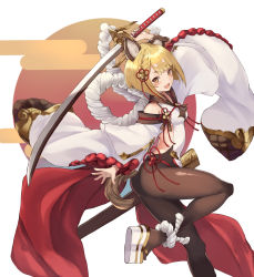 Rule 34 | 1girl, :d, absurdres, animal ears, arm up, ass, backless outfit, bare shoulders, blonde hair, blush, braid, breasts, brown pantyhose, cradle (2849), detached sleeves, dog ears, dog girl, dog tail, erune, granblue fantasy, hair ornament, highres, holding, holding sword, holding weapon, japanese clothes, looking at viewer, open mouth, pantyhose, rope, shimenawa, short hair, smile, solo, sword, tail, vajra (granblue fantasy), weapon, wide sleeves