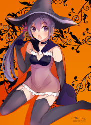 Rule 34 | 10s, 1girl, :o, akebono (kancolle), bad id, bad pixiv id, black gloves, black thighhighs, blush, cape, elbow gloves, fang, flower, garter straps, gloves, hair flower, hair ornament, halloween, halloween costume, hat, highres, kantai collection, purple eyes, purple hair, sitting, solo, tears, tebi (tbd11), thighhighs, wariza, witch hat