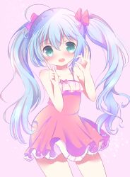 Rule 34 | 1girl, :d, ahoge, aqua eyes, bare arms, bare shoulders, blue hair, blush, bow, collarbone, commentary request, cowboy shot, dress, hair between eyes, hair bow, hatsune miku, head tilt, index finger raised, long hair, looking at viewer, ok sign, open mouth, pink background, red bow, red dress, rin (fuwarin), simple background, sleeveless, sleeveless dress, smile, solo, twintails, very long hair, vocaloid