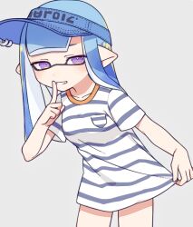 Rule 34 | 1girl, blue hair, blue shirt, clothes pull, collarbone, commentary request, finger to mouth, inkling, inkling girl, inkling player character, inuowour, long hair, nintendo, pointy ears, pulled by self, purple eyes, shirt, simple background, smile, solo, splatoon (series), striped clothes, striped shirt, teeth, two-tone shirt, visor cap, white background, white shirt
