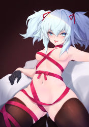 Rule 34 | 1girl, absurdres, alternate costume, blue eyes, blue hair, bottomless, breasts, commentary request, fang, fur trim, girls&#039; frontline, gloves, hair ribbon, hat, heart, heart-shaped pupils, highres, looking at viewer, mari0ball, medium breasts, naughty face, navel, no bra, open clothes, pa-15 (girls&#039; frontline), red ribbon, ribbon, santa costume, santa hat, short sleeves, smile, solo, symbol-shaped pupils, thick thighs, thighhighs, thighs, tongue, tongue out, twintails