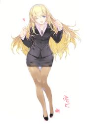 Rule 34 | 10s, 1girl, ;d, alternate costume, atago (kancolle), blue eyes, blush, brown pantyhose, clenched hands, forearms at chest, formal, full body, heart, highres, jacket, kantai collection, long hair, looking at viewer, nakamura takeshi, office lady, one eye closed, open mouth, pantyhose, pencil skirt, simple background, skirt, skirt suit, smile, solo, standing, suit, thigh gap, very long hair, white background, wrists flexed