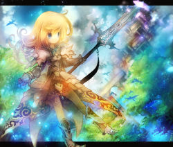 Rule 34 | 1girl, armor, bird, blonde hair, blue eyes, colorful, curly hair, gauntlets, light particles, original, pantyhose, polearm, sei mutsuki, shoulder pads, solo, spear, weapon