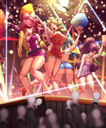 Rule 34 | 10s, 4girls, ass, bare back, bare shoulders, blonde hair, breasts, cure fortune, cure honey, cure lovely, cure princess, disco ball, hand fan, green hair, happinesscharge precure!, harihisa, high heels, large breasts, legs, multiple girls, precure, red hair, skirt, stage, thighs