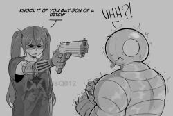 Rule 34 | 1girl, 1other, absurdres, aiming, angry, borrowed character, character request, chicken nuggets, commentary, copyright request, english commentary, english text, finger on trigger, food, grey background, greyscale, gun, hair between eyes, handgun, highres, holding, holding food, holding gun, holding weapon, jsq012, long hair, mechanical hands, monochrome, nugget waifu (popopoka), open mouth, original, pointing gun, profanity, robocop, shirt, short sleeves, simple background, t-shirt, twintails, twitter username, upper body, very long hair, watermark, weapon