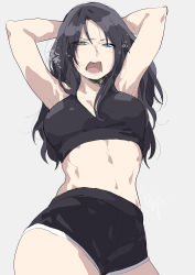 1girl, absurdres, alternate costume, alternate hairstyle, annoyed, apex legends, armpits, arms behind head, black hair, blue eyes, breasts, cleavage, grey background, highres, long hair, looking down, mashiro (rikuya), medium breasts, open mouth, short shorts, shorts, sketch, solo, sports bra, wraith (apex legends)