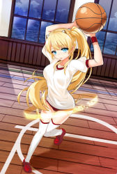 Rule 34 | 1girl, absurdres, ball, basketball, basketball (object), blonde hair, blue eyes, buruma, gym uniform, highres, holding, kikimi, long hair, looking at viewer, official art, original, ponytail, scenery, solo, souseiki aster gate