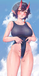 Rule 34 | 1girl, absurdres, bare arms, bird, black hair, blue background, blush, breasts, clothes pull, cloud, collarbone, cowboy shot, dripping, groin, hair ornament, heart, heart hair ornament, highres, horns, large breasts, lens flare, light particles, looking at viewer, one-piece swimsuit, one-piece swimsuit pull, orange eyes, original, parted lips, pointy ears, pubic tattoo, qizhu, red horns, short hair, sky, slit pupils, solo, sparkle, standing, swimsuit, tattoo, teeth, thighs, wet, wet clothes, wet swimsuit