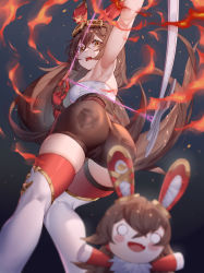 Rule 34 | 2girls, aiming, amber (genshin impact), animal ears, armpits, ass, bad id, bad pixiv id, baron bunny (genshin impact), bow, bow (weapon), breasts, brown hair, brown shorts, crossbow, fire, from behind, genshin impact, ginklaga, goggles, goggles on head, hair bow, long hair, looking back, multiple girls, open mouth, rabbit ears, short shorts, shorts, solo, thighhighs, weapon