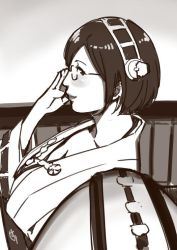 Rule 34 | 10s, 1girl, black hair, ganto, glasses, gradient background, japanese clothes, kantai collection, kirishima (kancolle), lips, looking at viewer, monochrome, profile, short hair, solo