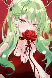 Rule 34 | 1girl, ambiguous red liquid, antlers, bare shoulders, braid, breasts, ceres fauna, cleavage, collarbone, earrings, flower, green hair, hair between eyes, hair flower, hair ornament, highres, holding, holding flower, hololive, hololive english, horns, jewelry, large breasts, leaf, long hair, mole, mole under eye, red background, red flower, upper body, virtual youtuber, white flower, xsilentred, yellow eyes