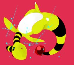 Rule 34 | alternate color, ampharos, animal focus, black eyes, commentary request, creatures (company), electricity, electrokinesis, floating, full body, game freak, gem, gen 2 pokemon, looking afar, nintendo, no humans, open mouth, pink background, pokemon, pokemon (creature), red background, red gemstone, simple background, solo, striped, winter939