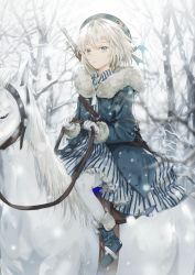 Rule 34 | 1girl, bad id, bad pixiv id, blue dress, boots, closed mouth, coat, dangmill, dress, frills, fur boots, fur collar, fur trim, grey eyes, grey hair, hat, horse, horseback riding, looking at viewer, open clothes, open coat, original, outdoors, pantyhose, riding, skirt, snow, solo, striped clothes, striped dress, tsurime, white pantyhose, winter clothes