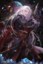 Rule 34 | 1boy, belt, bishounen, black cape, black gloves, black jacket, blue eyes, building, cape, chain, character request, company name, gloves, gun, holding, holding gun, holding weapon, jacket, knife, long hair, looking at viewer, male focus, moon, night, night sky, oollnoxlloo, red cape, saibai shounen, sky, solo, throwing knife, two-tone cape, weapon, white hair