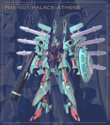 Rule 34 | arm cannon, character name, gundam, highres, looking down, mecha, mobile suit, no humans, nori (arara105), one-eyed, open hands, palace athene, pink eyes, robot, science fiction, shield, solo, weapon, zeta gundam, zoom layer