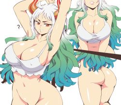 Rule 34 | 1girl, ?, ahoge, aqua eyes, armpits, arms up, ass, bottomless, breasts, cleavage, collarbone, crop top, curled horns, green hair, groin, half-closed eyes, head out of frame, highres, horns, huge breasts, lewdamone, lips, long hair, looking at viewer, lower body, multicolored hair, multicolored horns, multiple views, navel, one piece, oni, orange horns, out-of-frame censoring, parted lips, red eyes, red horns, simple background, stomach, upper body, v-shaped eyebrows, very long hair, white background, white hair, yamato (one piece)