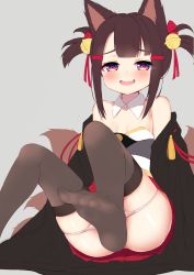Rule 34 | 1girl, absurdres, akagi-chan (azur lane), animal ears, artist request, azur lane, bare shoulders, bell, black thighhighs, blush, breasts, brown hair, child, fang, feet, fox ears, fox girl, fox tail, grey background, hair bell, hair ornament, highres, japanese clothes, jingle bell, kimono, legs, multiple tails, off shoulder, open mouth, panties, panty pull, pleated skirt, red eyes, simple background, skirt, small breasts, smile, solo, tail, thighhighs, thighs, twintails, underwear, white panties, aged down