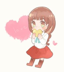 Rule 34 | 10s, 1girl, bad id, bad twitter id, blue ribbon, blunt bangs, braid, brown eyes, brown hair, chibi, covering own mouth, english text, freckles, heart, jyushimatsu&#039;s girlfriend, mikanmochi, osomatsu-san, ribbon, simple background, skirt, solo, white background