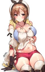 Rule 34 | 1girl, arm support, artist name, asymmetrical bangs, atelier (series), atelier ryza, atelier ryza 1, bare shoulders, blush, boots, bow, breasts, brown eyes, brown hair, cleavage, closed mouth, collarbone, commentary request, detached sleeves, furrowed brow, gloves, hair ornament, hairband, hairclip, hat, jewelry, large breasts, looking at viewer, mataro (matarou), midriff, navel, necklace, reisalin stout, short hair, short shorts, shorts, simple background, single glove, sitting, skindentation, solo, star (symbol), thigh boots, thighhighs, thighs, white background, white thighhighs, zettai ryouiki