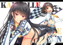 Rule 34 | 10s, 2girls, :d, :q, black hair, brown eyes, brown hair, checkered flag, flag, gloves, hairband, horosuke, isokaze (kancolle), kantai collection, licking lips, long hair, multiple girls, naughty face, open mouth, race queen, red eyes, short hair, simple background, skirt, smile, tanikaze (kancolle), thighhighs, tongue, tongue out, white background