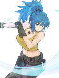Rule 34 | 1girl, armlet, bare shoulders, belt, blue eyes, blue hair, breasts, camouflage, camouflage pants, dog tags, earrings, gloves, hair between eyes, highres, jewelry, leona heidern, looking at viewer, navel, ooiwa (irc14786149), pants, ponytail, pouch, simple background, slashing, sleeveless, solo, tank top, the king of fighters, the king of fighters xv, white background, yellow tank top