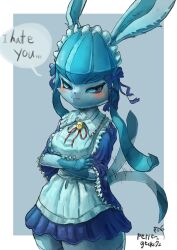 Rule 34 | 1girl, :3, absurdres, afterimage, animal ears, annoyed, apron, artist name, blue apron, blue background, blue bow, blue dress, blue eyes, blue fur, blue hair, blue ribbon, blue sclera, blue theme, body fur, border, bow, breasts, brooch, closed mouth, collared dress, colored sclera, cowboy shot, creatures (company), crossover, dress, embarrassed, english text, female focus, frilled dress, frilled sleeves, frills, furry, furry female, game freak, gen 4 pokemon, glaceon, hair bow, hair ribbon, half-closed eyes, highres, jewelry, long hair, long sleeves, looking at viewer, maid, maid headdress, medium breasts, motion lines, neck ribbon, nintendo, outside border, pepper gecko72, personification, poke ball theme, pokemon, pokemon (creature), red ribbon, ribbon, short dress, signature, simple background, solo, speech bubble, standing, tail, tail wagging, talking, thick thighs, thighs, tsundere, twintails, two-tone fur, v-shaped eyebrows, white border, wide sleeves
