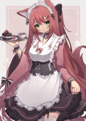 Rule 34 | 1girl, absurdres, animal ears, apron, black bow, bow, breasts, cake, chocolate cake, choker, closed mouth, corset, cropped legs, cup, desert, dress, food, fox ears, frilled apron, frilled cuffs, frilled dress, frills, fruit, garter straps, green eyes, hair bow, half updo, heart, heart choker, highres, hinata (user rjkt4745), holding, holding tray, japanese clothes, jewelry, kimono, long hair, looking at viewer, maid, maid apron, maid headdress, medium breasts, original, red hair, red kimono, ring, skirt hold, smile, solo, strawberry, tea, teacup, thighhighs, tray, very long hair, wa maid, white apron, white thighhighs, wide sleeves, wrist cuffs