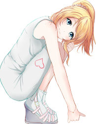 Rule 34 | 10s, 1girl, ariadone, ayase eli, blonde hair, blue eyes, bracelet, done (abc1234567), female focus, hand in own hair, heart, jewelry, long hair, looking at viewer, looking to the side, love live!, love live! school idol project, platform footwear, ponytail, scrunchie, simple background, sleeveless, smile, solo, squatting, unitard, white background