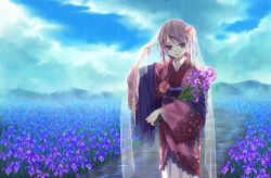 Rule 34 | 1girl, bouquet, brown hair, day, field, flower, flower field, hair ornament, iris (flower), japanese clothes, kimono, lace, long sleeves, looking at viewer, original, outdoors, rain, see-through, shawl, solo, standing, veil, wide sleeves, yamigo