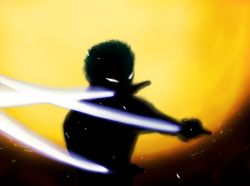 Rule 34 | 1boy, glowing, glowing eyes, male focus, one piece, roronoa zoro, silhouette, solo, sword, triple wielding, weapon