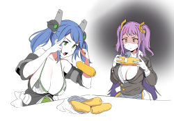 Rule 34 | 2girls, bikini, bikini top only, breasts, cleavage, corn, corn cob, dickbomber, djinnia (last origin), finger to head, floating, floating object, food, green eyes, hair ornament, hairclip, headgear, highres, holding, holding food, jacket, korean commentary, large breasts, last origin, long hair, man levitating pizza (meme), meme, multiple girls, parted lips, photo-referenced, purple eyes, shaded face, simple background, sweat, swimsuit, sylphid (last origin), table, telekinesis, twintails, two side up, vegetable, yellow eyes