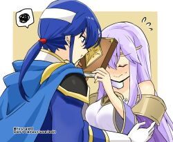 Rule 34 | 1boy, 1girl, bare shoulders, blue cape, blue eyes, blue hair, blush, book, breasts, brother and sister, cape, circlet, closed eyes, dress, fire emblem, fire emblem: genealogy of the holy war, headband, holding, holding book, implied incest, julia (fire emblem), long hair, medium breasts, nintendo, ponytail, pout, purple cape, purple hair, seliph (fire emblem), siblings, simple background, white headband, yukia (firstaid0)