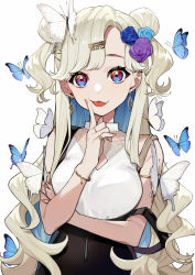 Rule 34 | 1girl, animal, black skirt, blue eyes, blue flower, blue hair, blue rose, breasts, bug, butterfly, butterfly hair ornament, commentary request, double bun, earrings, fang, flower, hair bun, hair flower, hair ornament, hand up, highres, insect, jewelry, light brown hair, long hair, medium breasts, multicolored hair, original, purple flower, purple rose, red eyes, ring, rose, shirt, skirt, sleeveless, sleeveless shirt, solo, suspender skirt, suspenders, suspenders slip, tongue, tongue out, two-tone hair, upper body, very long hair, white background, white shirt, yuu (higashi no penguin)