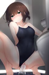 Rule 34 | 1girl, barefoot, bathroom, black one-piece swimsuit, blush, breasts, brown hair, censored, clothed masturbation, clothing aside, dildo, female masturbation, highres, masturbation, medium breasts, mosaic censoring, new school swimsuit, niranom, object insertion, one-piece swimsuit, original, school swimsuit, sex toy, solo, swimsuit, swimsuit aside, tiptoes, toilet, toilet stall, vaginal, vaginal object insertion