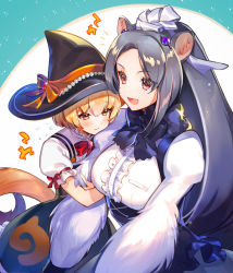 Rule 34 | 2girls, alternate costume, anteater ears, anteater tail, arm hug, black dress, black headwear, black neckwear, blonde hair, blush, bow, bowtie, center frills, commentary request, dress, flying sweatdrops, frills, giant anteater (kemono friends), grey hair, halloween costume, hasumikaoru, hat, height difference, japari symbol, kemono friends, kemono friends 3, long hair, multiple girls, puffy short sleeves, puffy sleeves, red neckwear, shirt, short hair, short sleeves, silky anteater (kemono friends), suspenders, white shirt, witch, witch hat