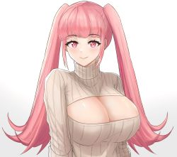 Rule 34 | 1girl, alternate costume, blunt bangs, breasts, cleavage, cleavage cutout, closed mouth, clothing cutout, commentary, desspie, english commentary, female focus, fire emblem, fire emblem: three houses, highres, hilda valentine goneril, large breasts, long hair, looking at viewer, matching hair/eyes, meme attire, naked sweater, nintendo, open-chest sweater, pink eyes, pink hair, ribbed sweater, sidelocks, simple background, smile, solo, sweater, turtleneck, turtleneck sweater, twintails, very long hair, white background, white sweater