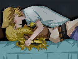 Rule 34 | 1boy, 1girl, bed, blonde hair, blush, breasts, closed eyes, clothed sex, commission, couple, crossover, hetero, hikariangelove, holding hands, jacket, jonouchi katsuya, kiss, long hair, missionary, rwby, sex, shirt, short hair, thighs, yang xiao long, yu-gi-oh!, yu-gi-oh! duel monsters