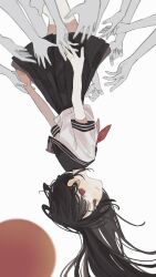 Rule 34 | 1girl, black hair, black skirt, bow, bowtie, falling, floating hair, hair between eyes, hands on legs, highres, holding hands, hyuuga usagorou, long hair, looking at viewer, multiple hands, original, parted lips, red bow, red eyes, school uniform, shirt, short sleeves, sidelocks, simple background, skirt, smile, solo, uniform, upside-down, white background, white shirt