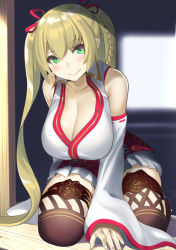 Rule 34 | .live, 1girl, bare shoulders, black thighhighs, blonde hair, blush, braid, breasts, cleavage, detached sleeves, green eyes, japanese clothes, kongou iroha, large breasts, long hair, looking at viewer, miko, muunyan (yumenekoya), seiza, sitting, smile, solo, thighhighs, twintails, virtual youtuber