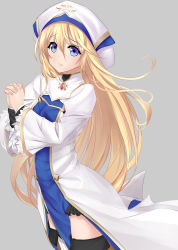 Rule 34 | 10s, 1girl, absurdres, black footwear, blonde hair, blue eyes, boots, cowboy shot, floating hair, goblin slayer!, grey background, hair between eyes, hat, highres, interlocked fingers, long hair, looking at viewer, own hands clasped, own hands together, parted lips, priestess (goblin slayer!), simple background, solo, standing, thigh boots, thighhighs, very long hair, white hat, zmz45