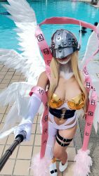 1girl absurdres angel angel_girl angewomon angewomon_(cosplay) armor breastplate breasts cosplay curvy day digimon digimon_(creature) full_body head_wings highres leotard long_hair luna_kamijo mask photo_(medium) real_life selfie_stick smile white_leotard wide_hips wings