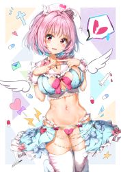 Rule 34 | 1girl, ahoge, bikini, blue hair, blue skirt, blush, bow, bowtie, breasts, broken heart, cleavage, cleavage cutout, clothing cutout, collarbone, crop top, cross, cross necklace, envelope, fang, frilled bikini, frilled cuffs, frilled shirt collar, frilled skirt, frills, groin, hands up, hat, heart, heart bikini, heart cutout, heart print, highleg, highleg bikini, highres, idolmaster, idolmaster cinderella girls, jewelry, kuria (clear trip second), large breasts, latin cross, legs up, looking at viewer, miniskirt, multicolored hair, navel, necklace, no shoes, notice lines, nurse cap, open mouth, pill, pink bow, pink bowtie, pink hair, red eyes, sailor collar, short hair, showgirl skirt, skirt, solo, spoken heart, star (symbol), stomach, swimsuit, tears, thighhighs, twiddling fingers, two-tone hair, white sailor collar, white thighhighs, wings, wrist cuffs, yumemi riamu, zipper, zipper pull tab