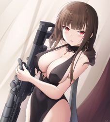 Rule 34 | 1girl, anti-materiel rifle, armlet, bare arms, bare shoulders, black choker, black dress, black hair, bolt-action rifle, bolt action, breasts, bullpup, choker, cleavage, collarbone, cowboy shot, dress, dsr-50, dsr-50 (girls&#039; frontline), dsr-50 (highest bid) (girls&#039; frontline), earrings, girls&#039; frontline, gun, halter dress, halterneck, highres, holding, holding gun, holding weapon, jewelry, keenh, large breasts, long hair, looking at viewer, name connection, object namesake, official alternate costume, parted lips, pelvic curtain, red eyes, rifle, scope, sidelocks, sleeveless, sleeveless dress, sniper rifle, solo, standing, strap gap, thighs, weapon