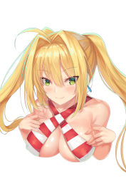 Rule 34 | 1girl, :3, absurdres, ahoge, bikini, blonde hair, blush, breasts, commentary request, criss-cross halter, earrings, fate/grand order, fate (series), green eyes, hair intakes, halterneck, highres, jewelry, large breasts, long hair, looking at viewer, nero claudius (fate), nero claudius (fate) (all), nero claudius (swimsuit caster) (fate), red bikini, simple background, smile, solo, striped bikini, striped bikini top, striped clothes, swimsuit, twintails, upper body, white background, xiao miao