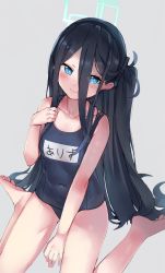 Rule 34 | 1girl, aris (blue archive), black hair, black hairband, blue archive, blue eyes, blush, breasts, bright pupils, collarbone, covered navel, hair between eyes, hairband, halo, highres, kure (kure ng), long hair, looking at viewer, one side up, ringed eyes, school swimsuit, simple background, sitting, small breasts, smile, solo, swimsuit, very long hair, wariza, white pupils